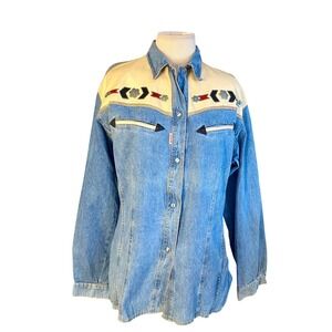 VTG Shooter Western Denim Shirt Yoke Turquoise aztec Embellished native  Sz L